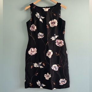 Ann Taylor Silk Black Dress with Purple Floral Design
